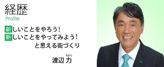 経歴 Profile 新しいことをやろう！新しいことをやってみよう！と思える街づくり 渡辺 ちから力